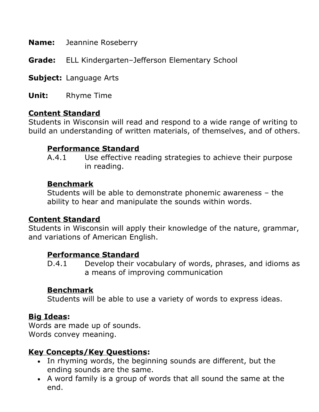 Grade: ELL Kindergarten Jefferson Elementary School