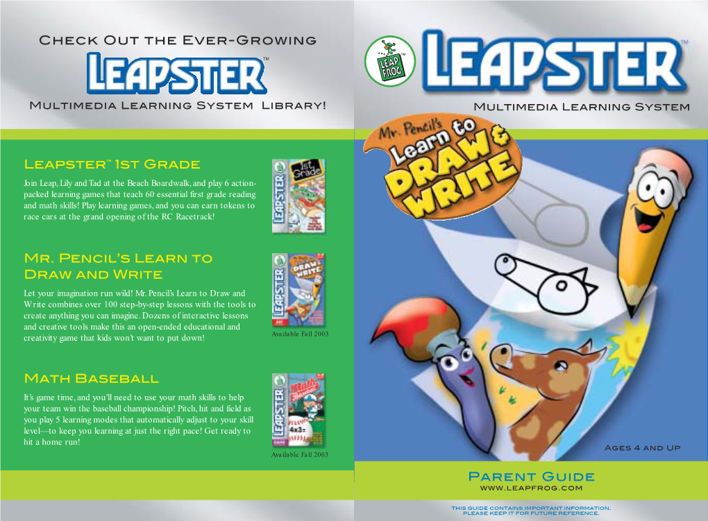 Parent Guide Leapster™ 1St Grade Mr. Pencil's Learn to Draw and Write