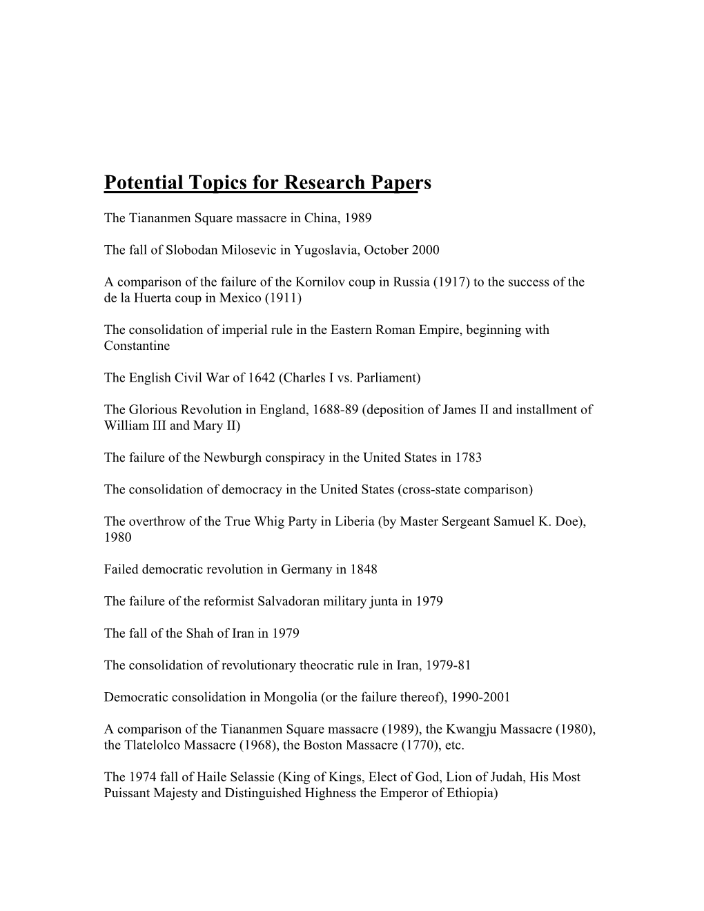 Potential Topics for Research Papers