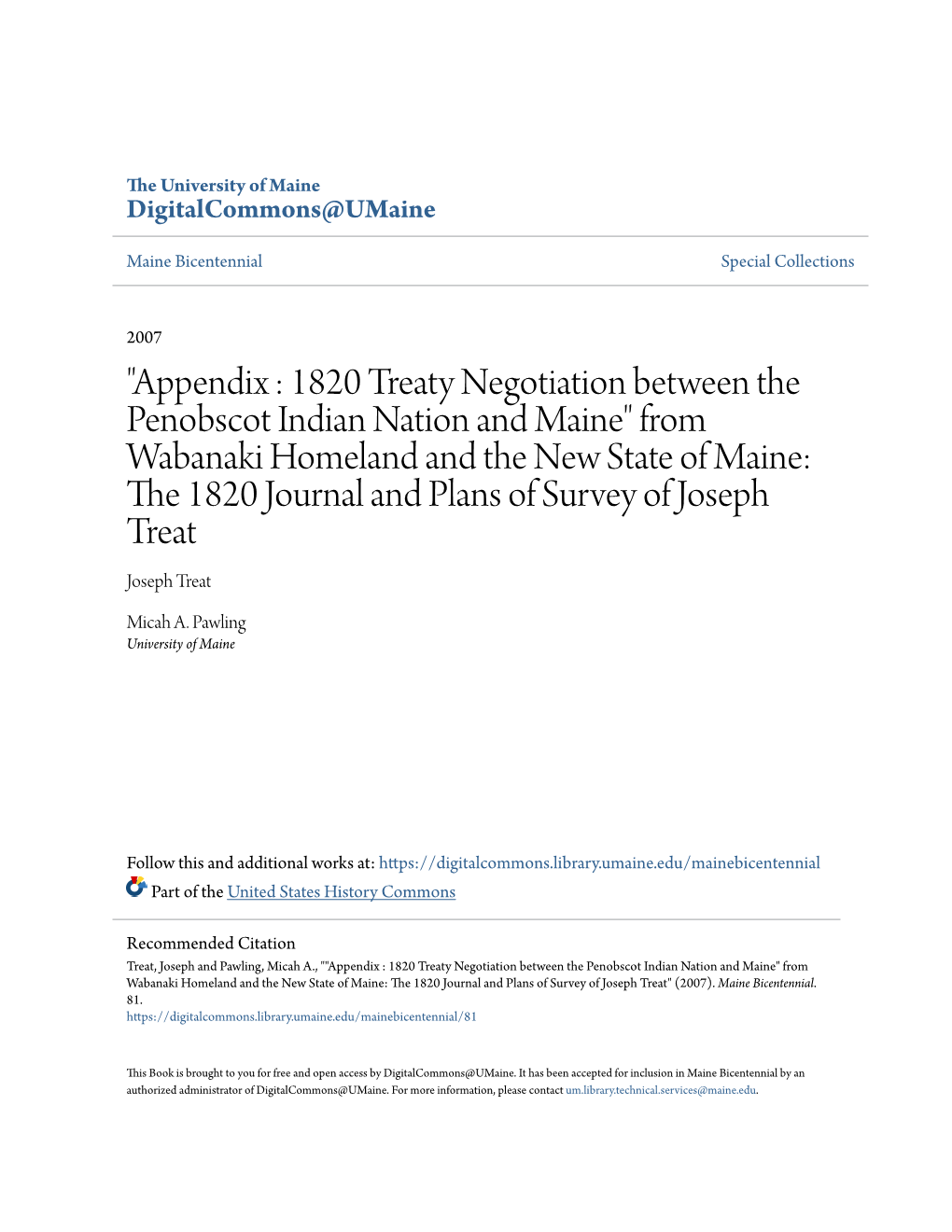 "Appendix : 1820 Treaty Negotiation Between the Penobscot Indian