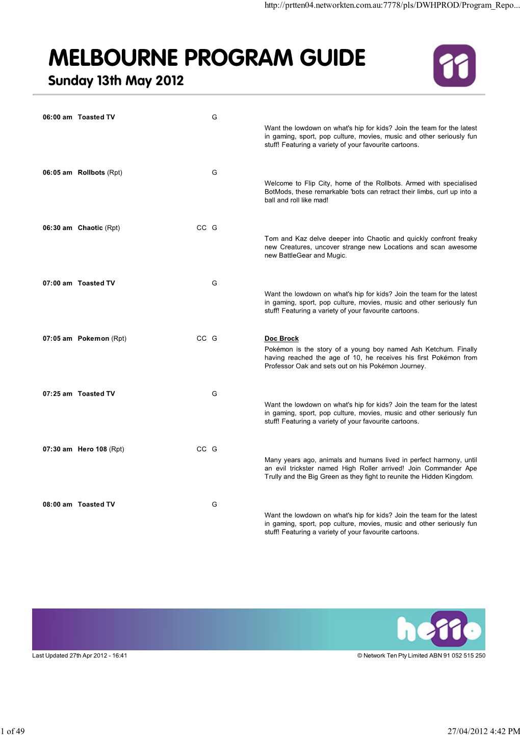 MELBOURNE PROGRAM GUIDE Sunday 13Th May 2012