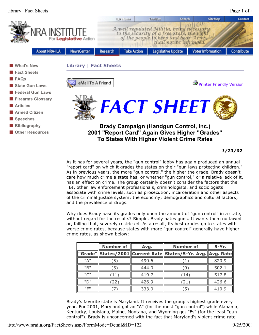 Brady Campaign (Handgun Control, Inc.) 2001 "Report Card" Again Gives Higher "Grades" to States with Higher