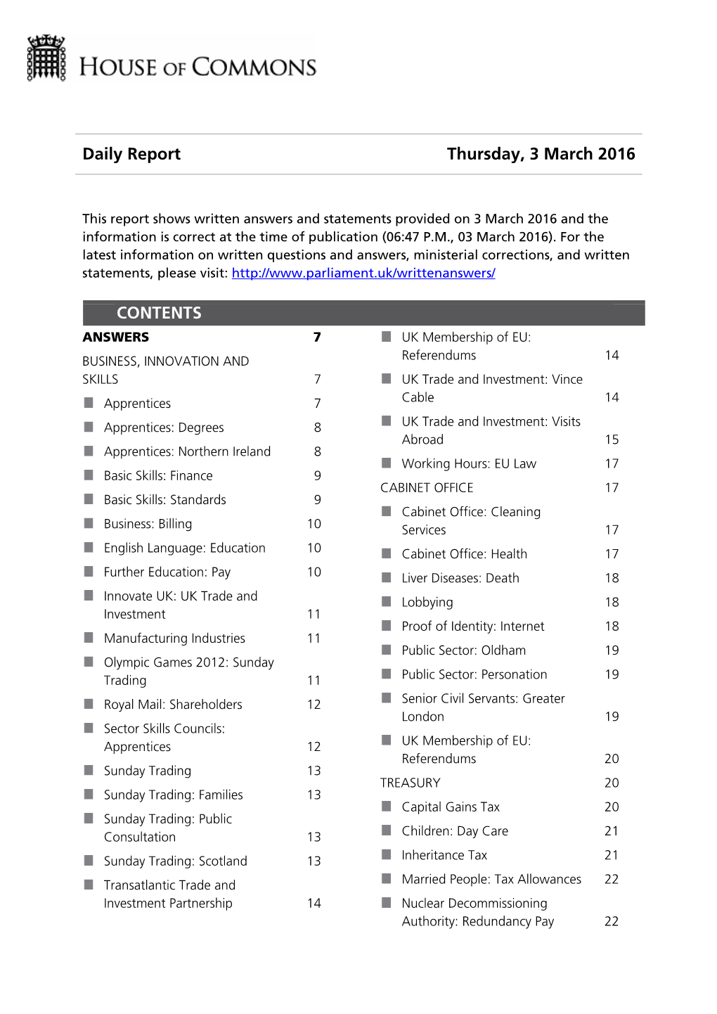 Daily Report Thursday, 3 March 2016 CONTENTS