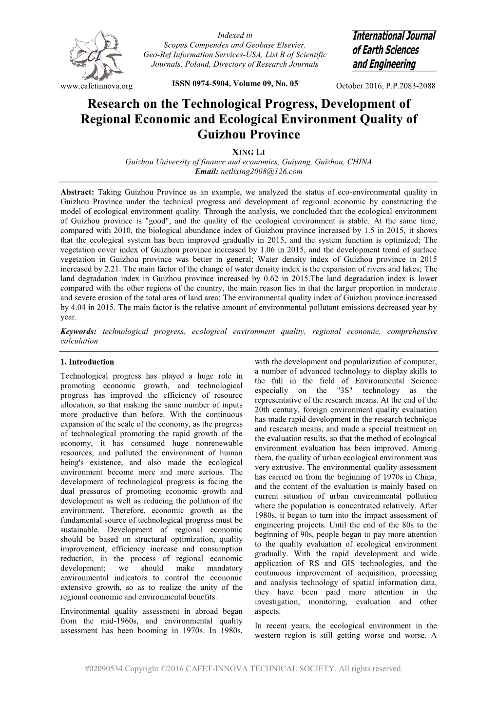 Research on the Technological Progress, Development of Regional Economic and Ecological Environment Quality of Guizhou Province