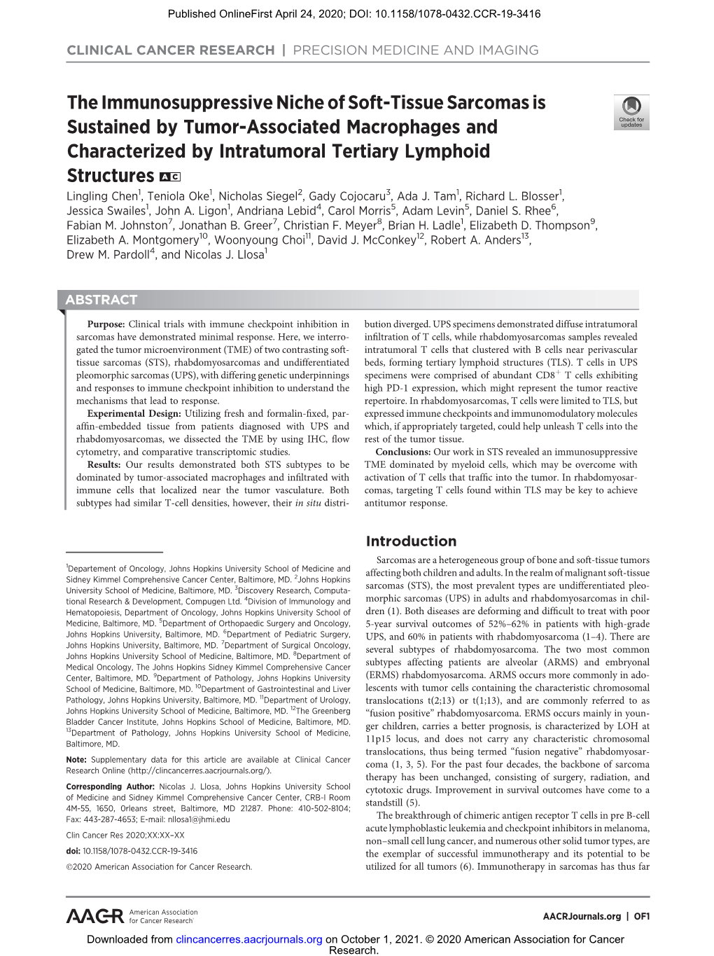 The Immunosuppressive Niche of Soft-Tissue Sarcomas Is Sustained