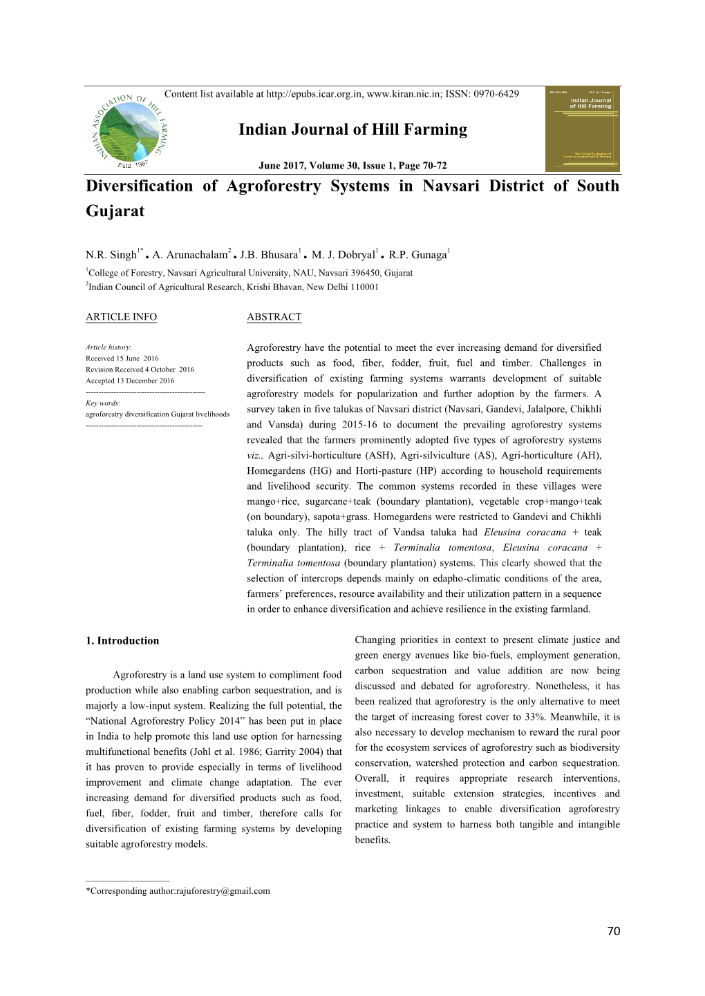 Diversification of Agroforestry Systems in Navsari District of South Gujarat