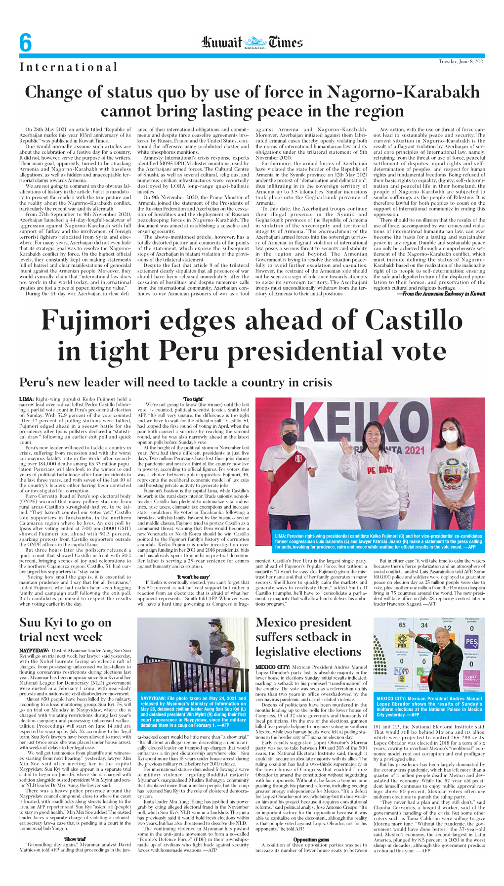 Fujimori Edges Ahead of Castillo in Tight Peru Presidential Vote Peru’S New Leader Will Need to Tackle a Country in Crisis