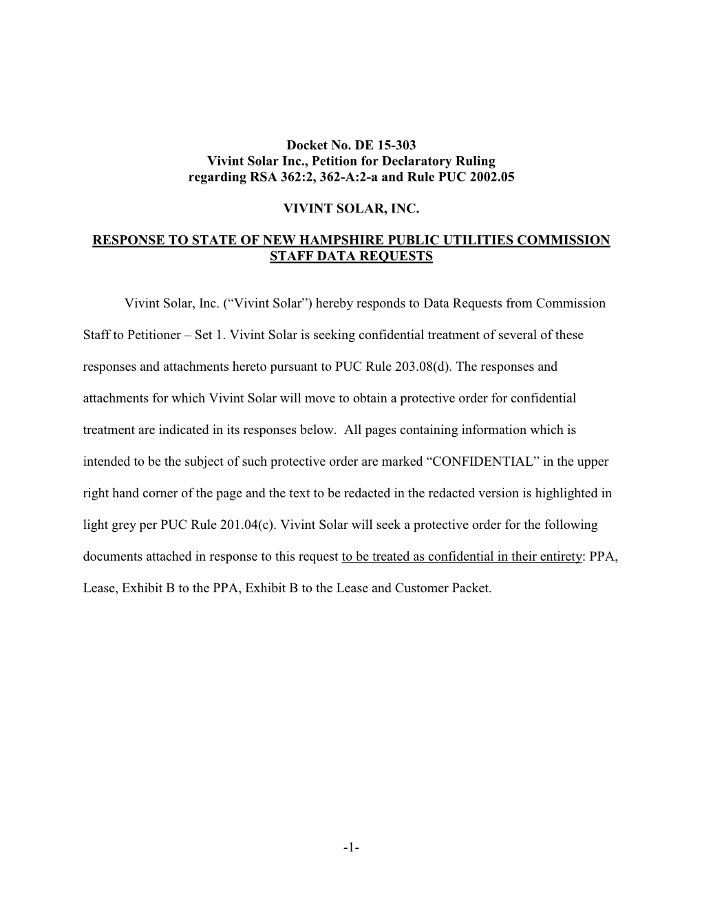 1- Docket No. DE 15-303 Vivint Solar Inc., Petition for Declaratory Ruling