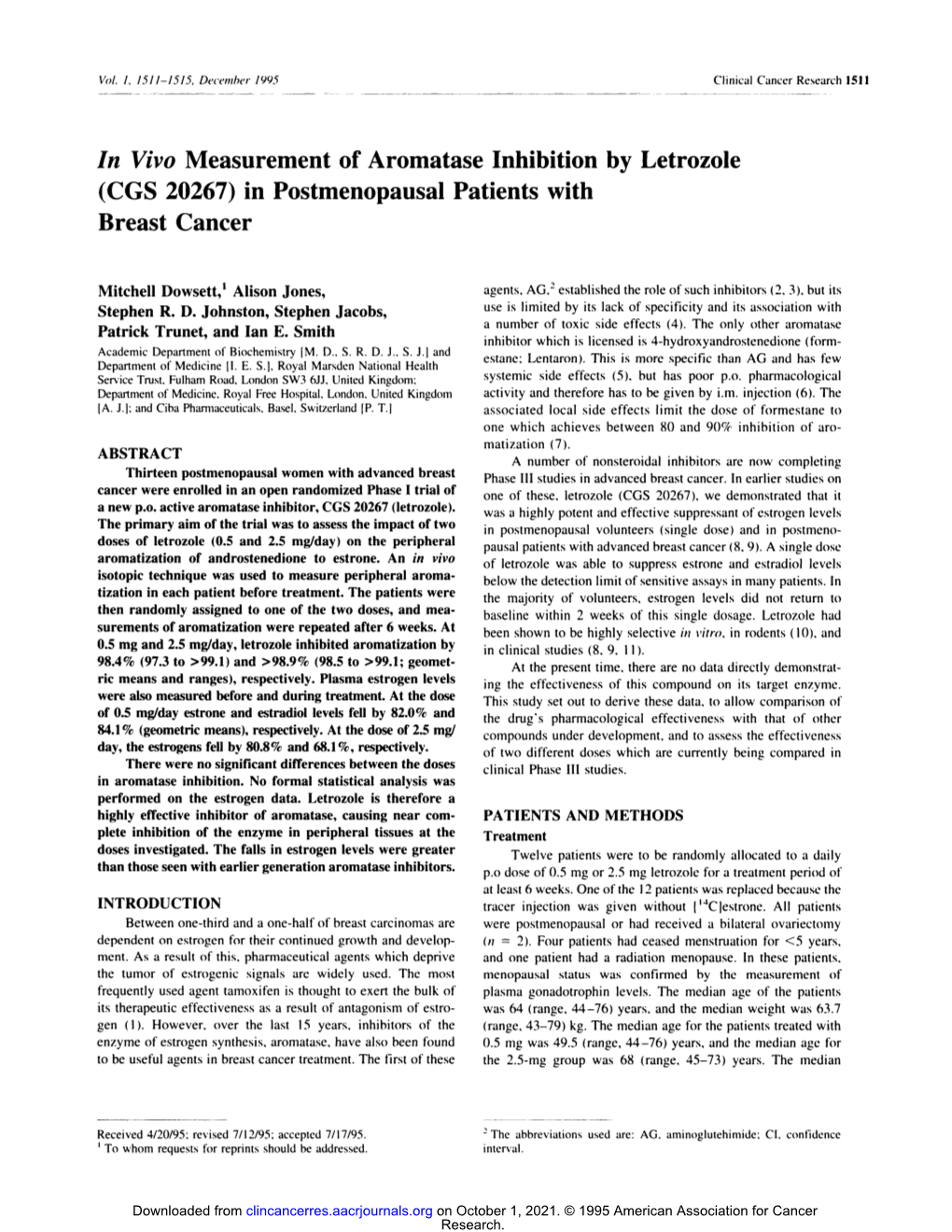 In Vivo Measurement of Aromatase Inhibition by Letrozole (CGS 20267) in Postmenopausal Patients with Breast Cancer