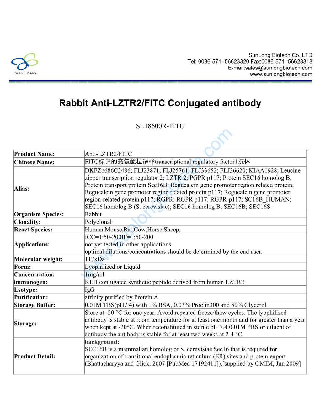 Rabbit Anti-LZTR2/FITC Conjugated Antibody-SL18600R-FITC