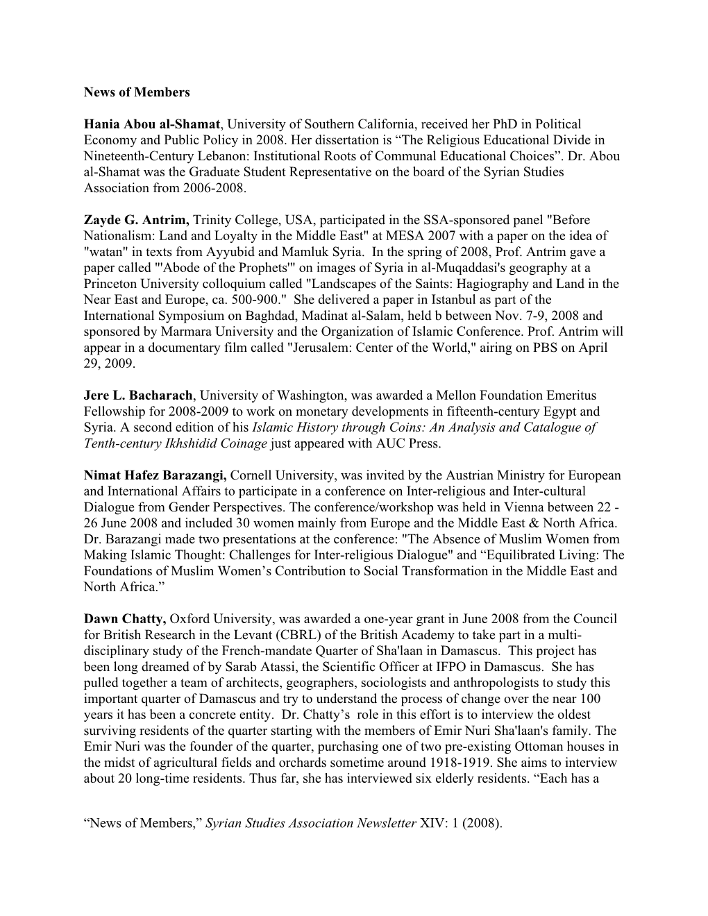 Syrian Studies Association Newsletter XIV: 1 (2008)