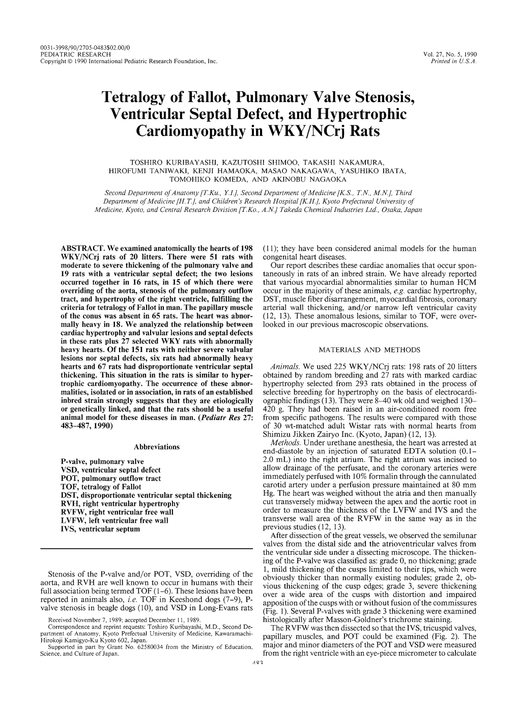 Tetralogy of Fallot, Pulmonary Valve Stenosis, Ventricular Septa1 Defect, and Hypertrophic Cardiomyopathy in WKY/Ncrj Rats