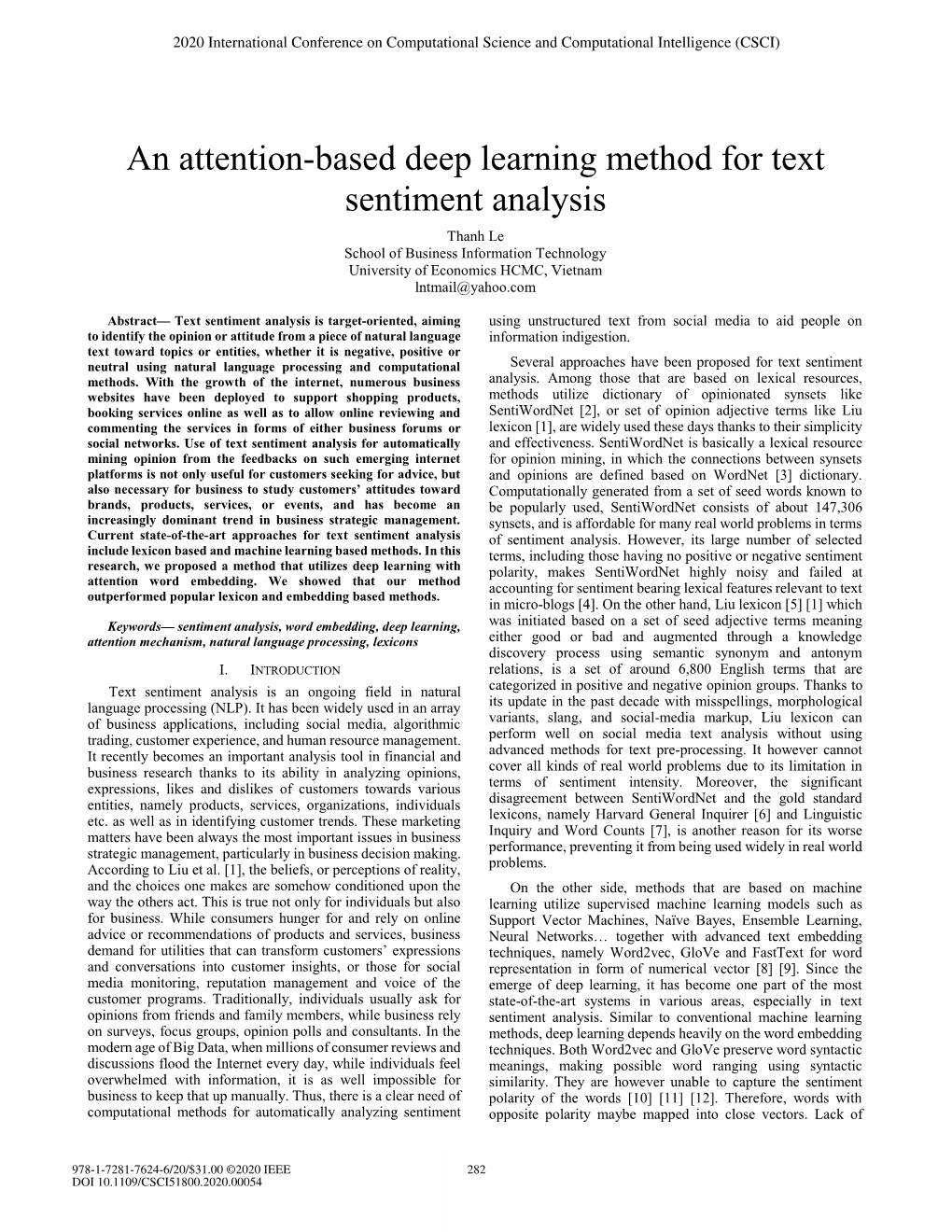 An Attention-Based Deep Learning Method for Text Sentiment Analysis