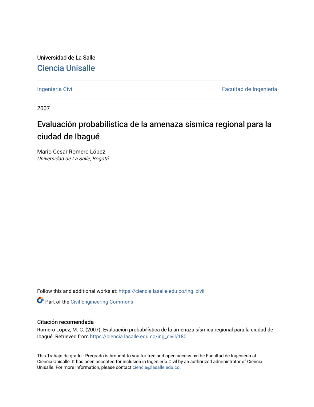 Evaluación Probabilística De La Amenaza Sísmica Regional Para La Ciudad De Ibagué