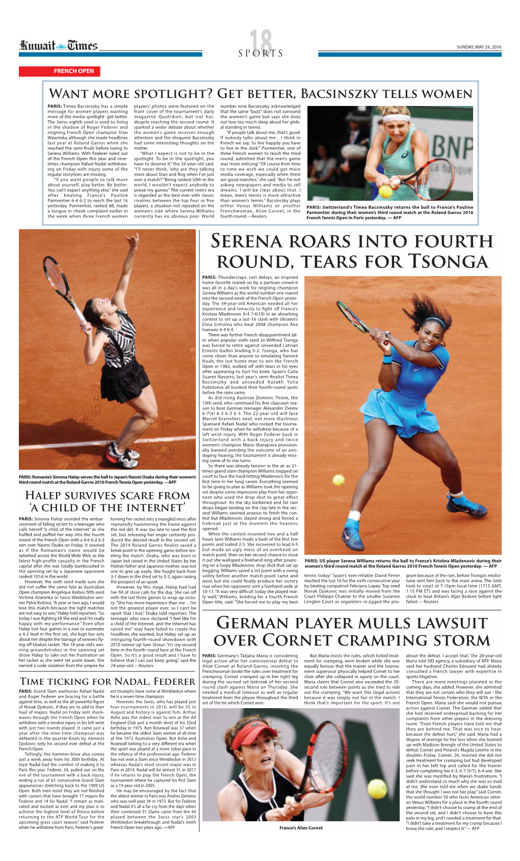 Serena Roars Into Fourth Round, Tears for Tsonga