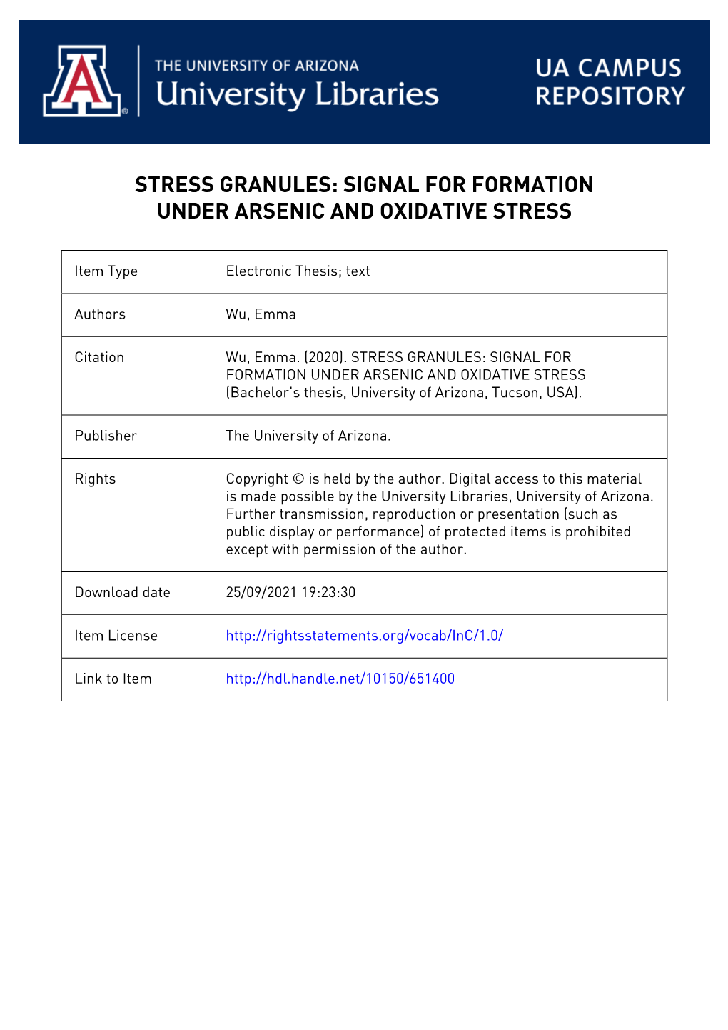 Stress Granules: Signal for Formation Under Arsenic and Oxidative Stress