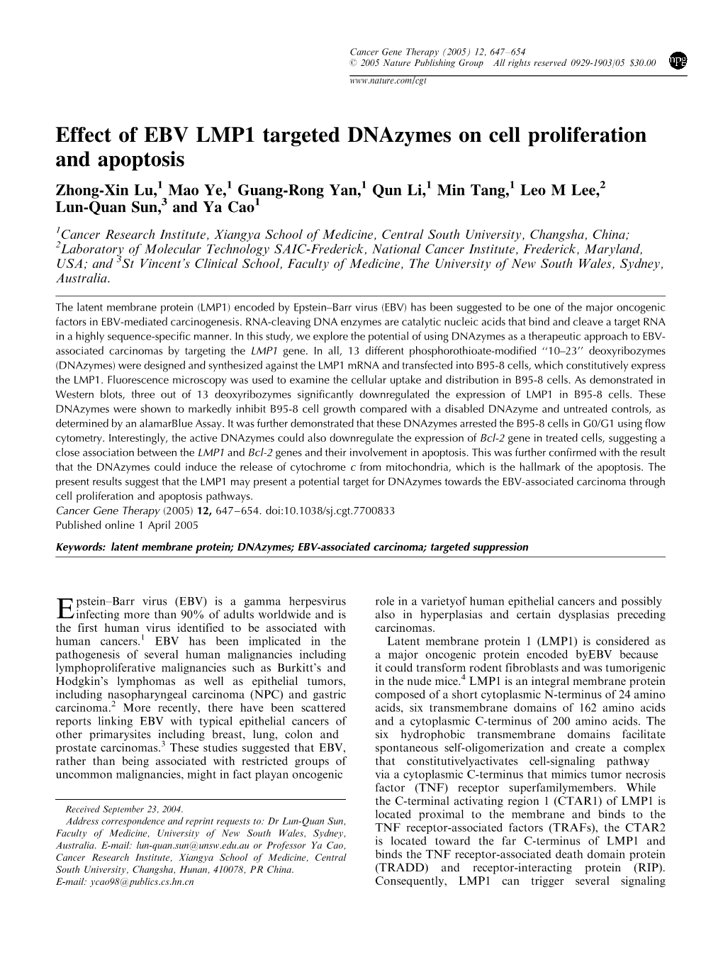 Effect of EBV LMP1 Targeted Dnazymes on Cell Proliferation And