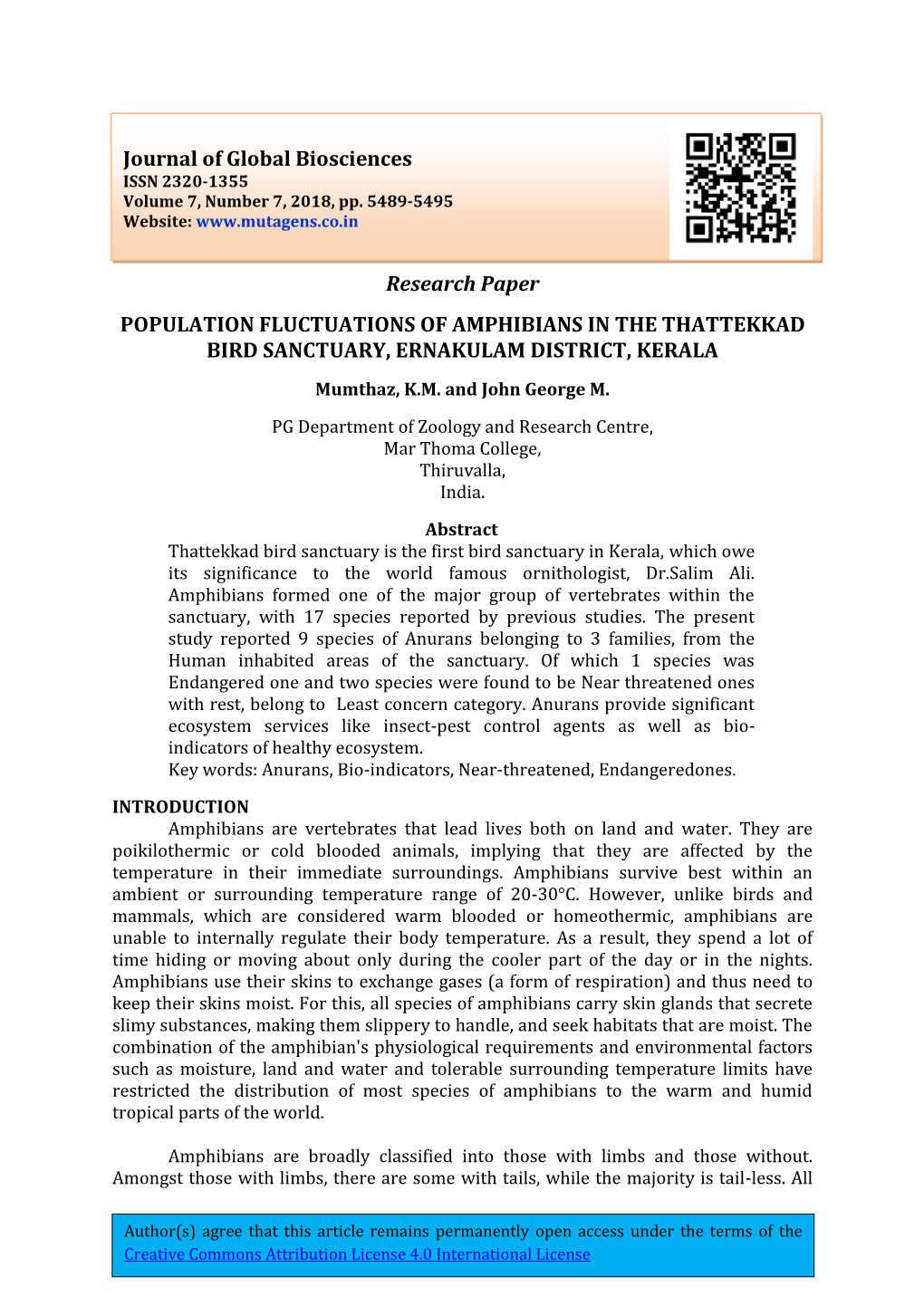 Research Paper POPULATION FLUCTUATIONS of AMPHIBIANS in the THATTEKKAD BIRD SANCTUARY, ERNAKULAM DISTRICT, KERALA