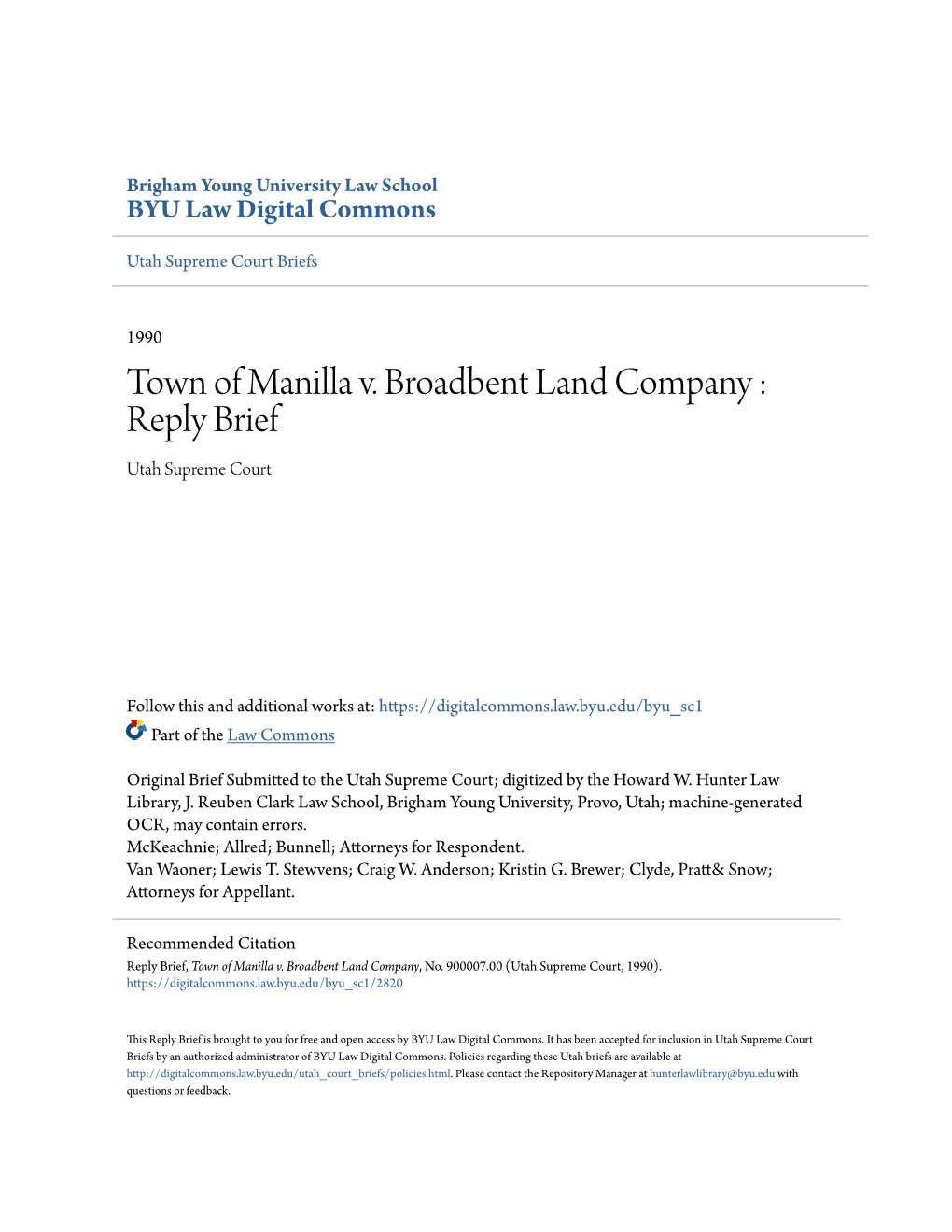 Town of Manilla V. Broadbent Land Company : Reply Brief Utah Supreme Court
