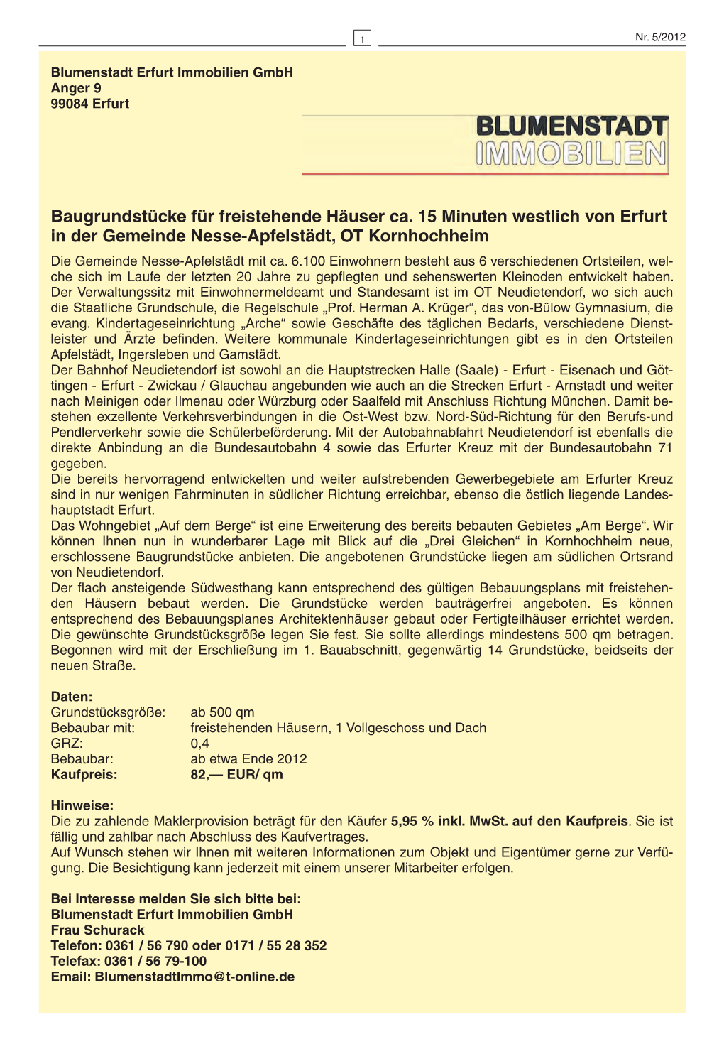 Baugrundstücke Für Freistehende Häuser Ca. 15 Minuten Westlich Von Erfurt in Der Gemeinde Nesse-Apfelstädt, OT Kornhochheim Die Gemeinde Nesse-Apfelstädt Mit Ca