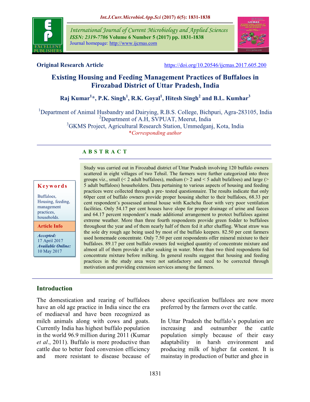 Existing Housing and Feeding Management Practices of Buffaloes in Firozabad District of Uttar Pradesh, India