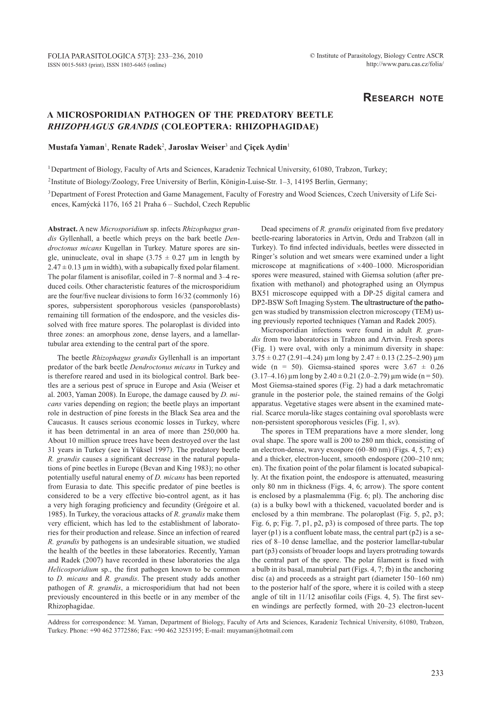 A Microsporidian Pathogen of the Predatory Beetle Rhizophagus Grandis (Coleoptera: Rhizophagidae)