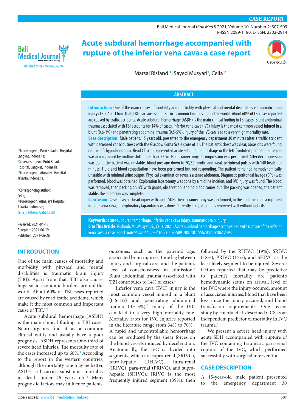 Acute Subdural Hemorrhage Accompanied with Rupture of the Inferior Vena Cava: a Case Report