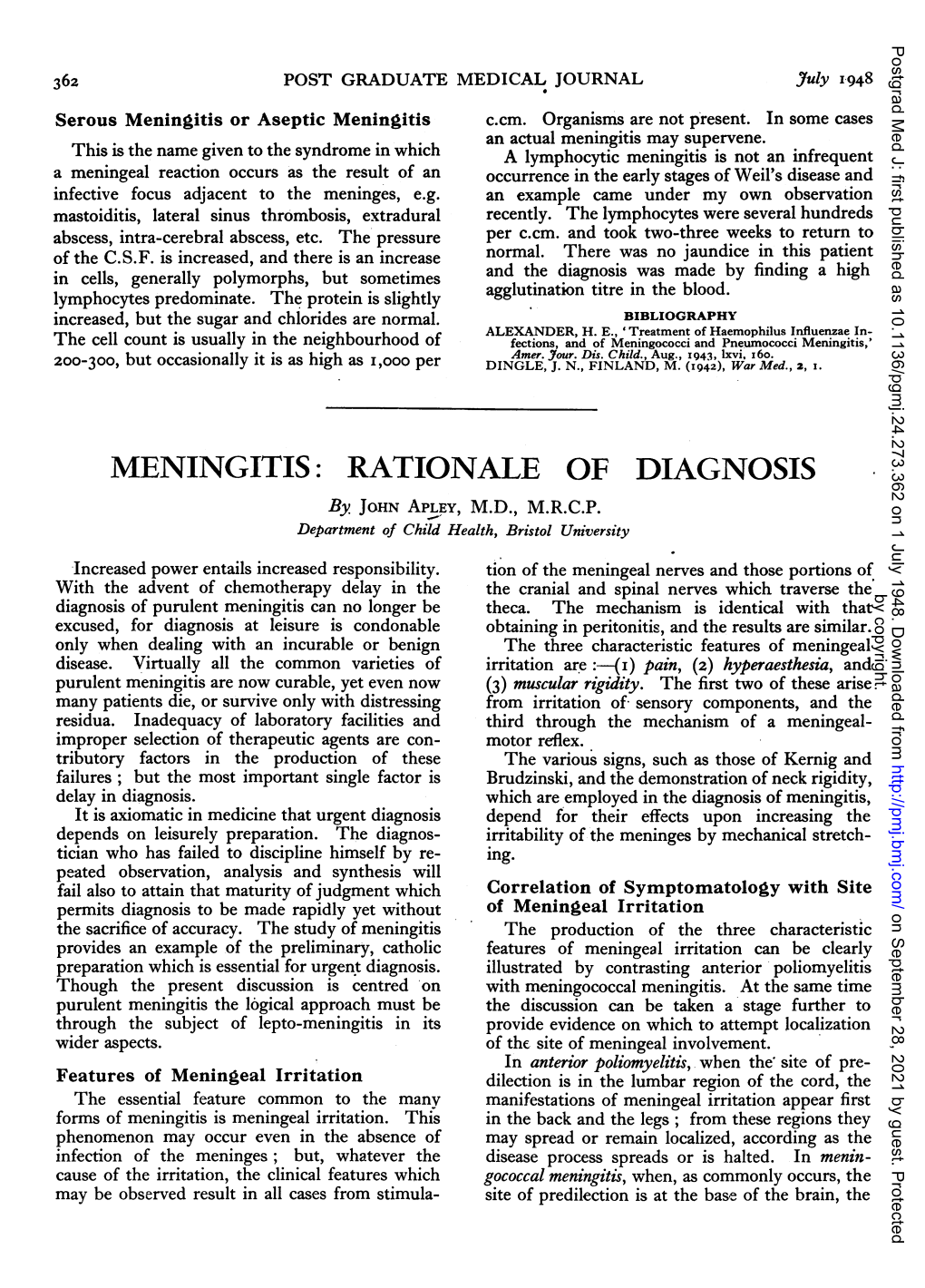 MENINGITIS: RATIONALE of DIAGNOSIS by JOHN APLEY, M.D., M.R.C.P