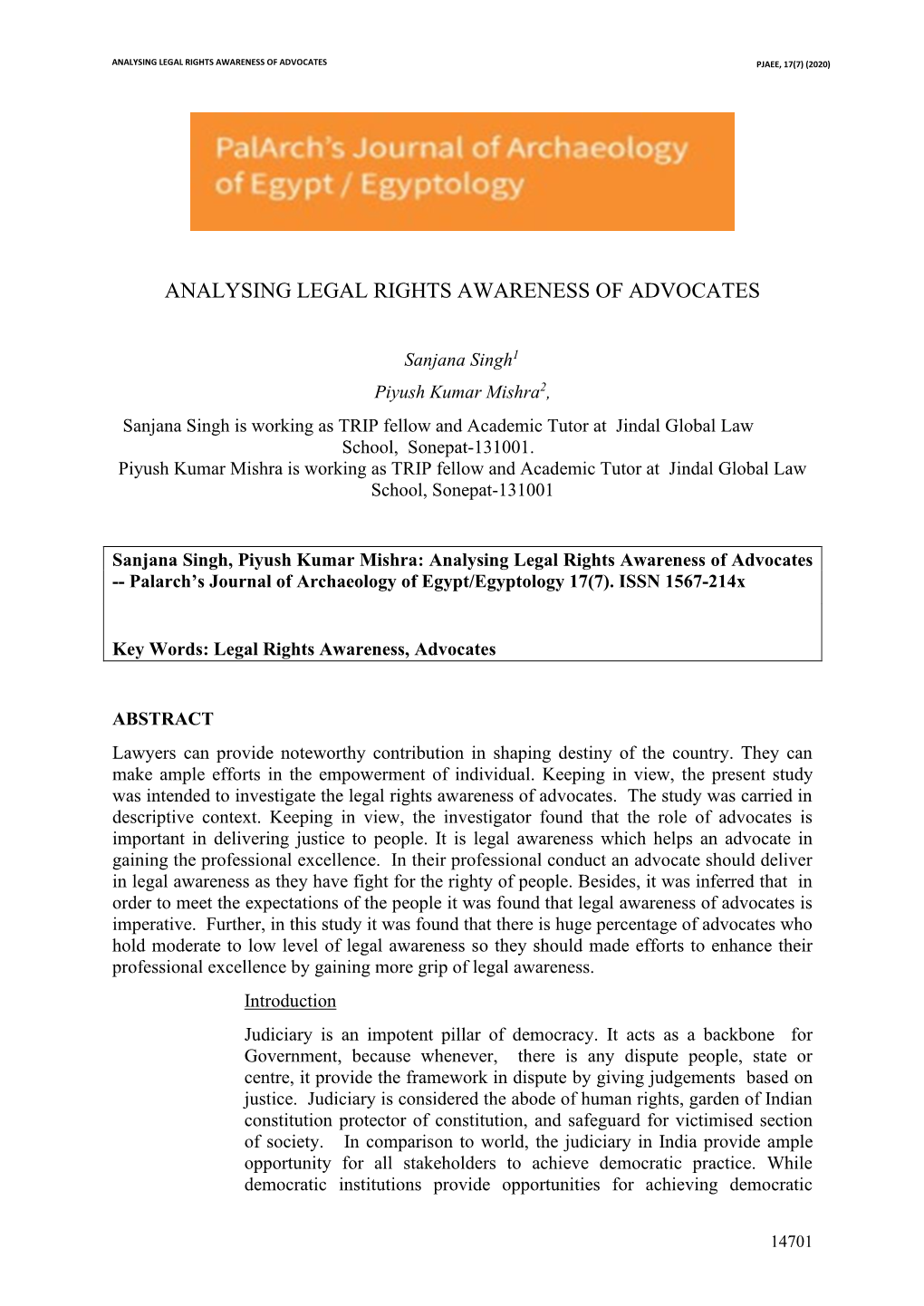 Analysing Legal Rights Awareness of Advocates Pjaee, 17(7) (2020)