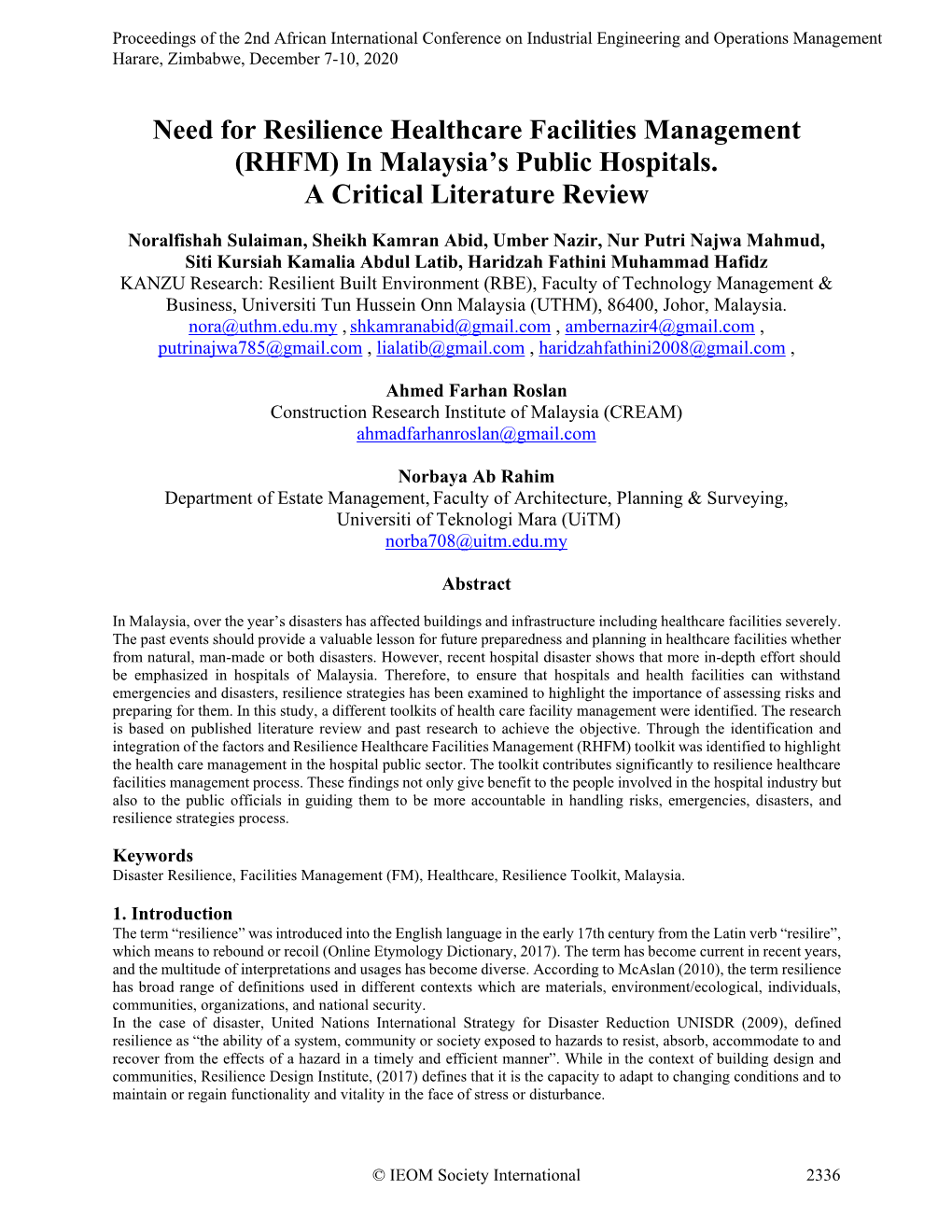 ID 536 Need for Resilience Healthcare Facilities Management