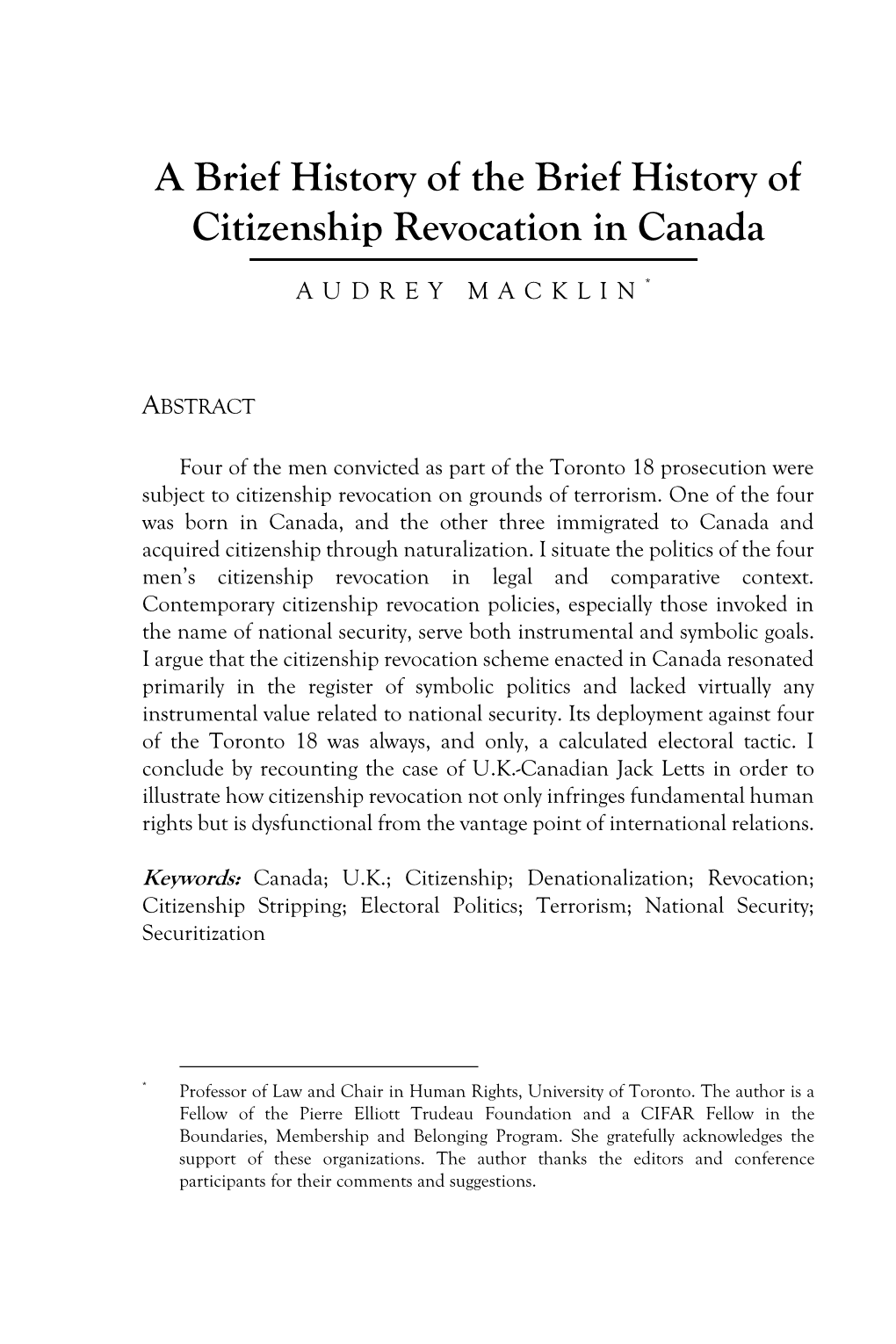 A Brief History of the Brief History of Citizenship Revocation in Canada