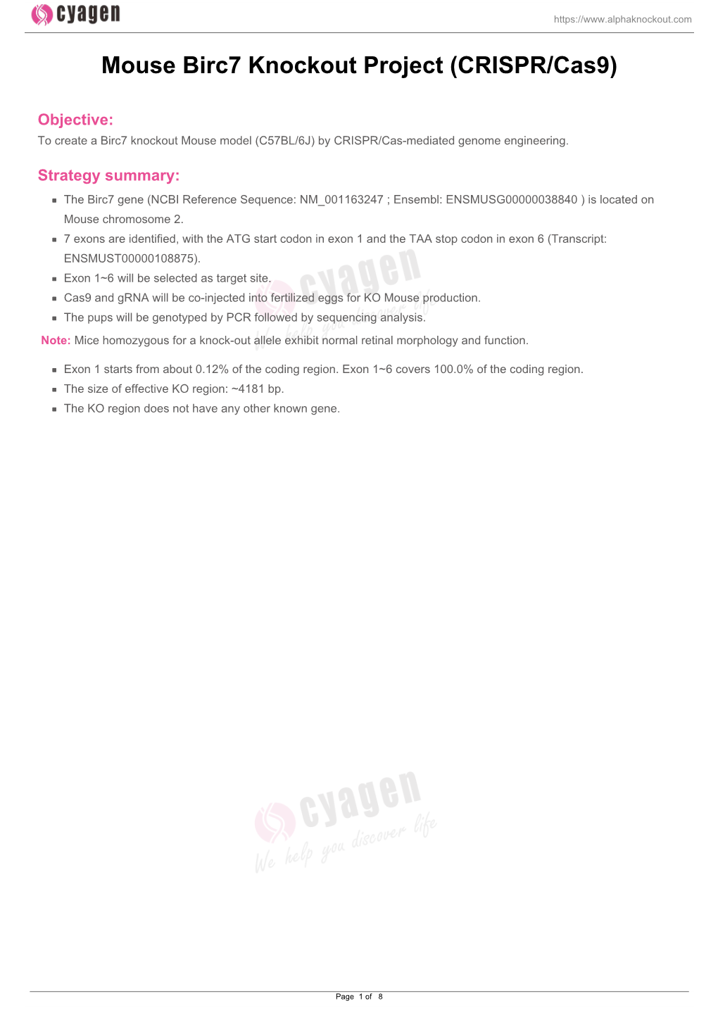 Mouse Birc7 Knockout Project (CRISPR/Cas9)