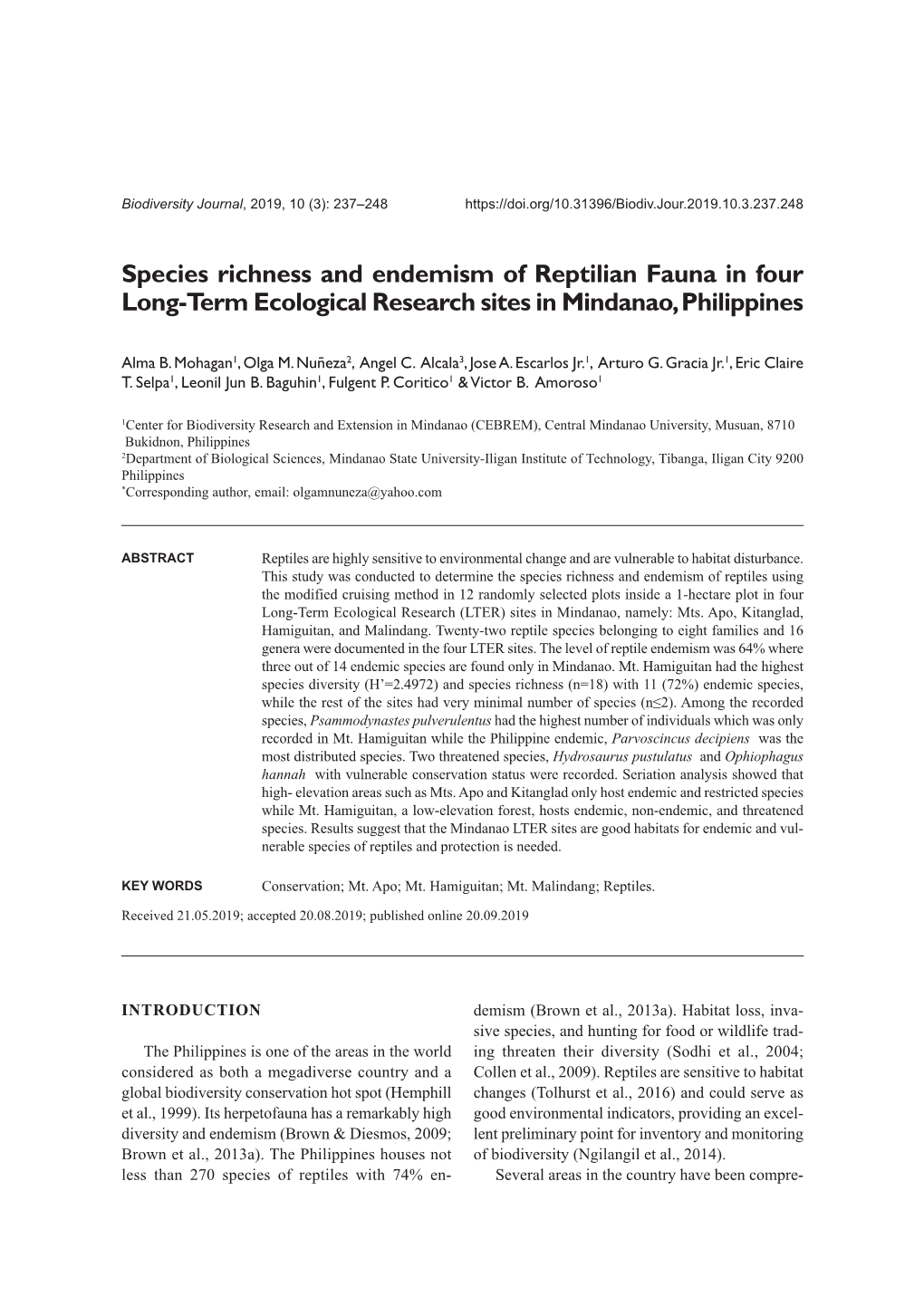 Species Richness and Endemism of Reptilian Fauna in Four Long-Term Ecological Research Sites in Mindanao, Philippines