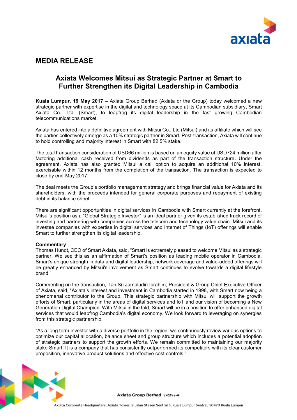 MEDIA RELEASE Axiata Welcomes Mitsui As Strategic Partner at Smart