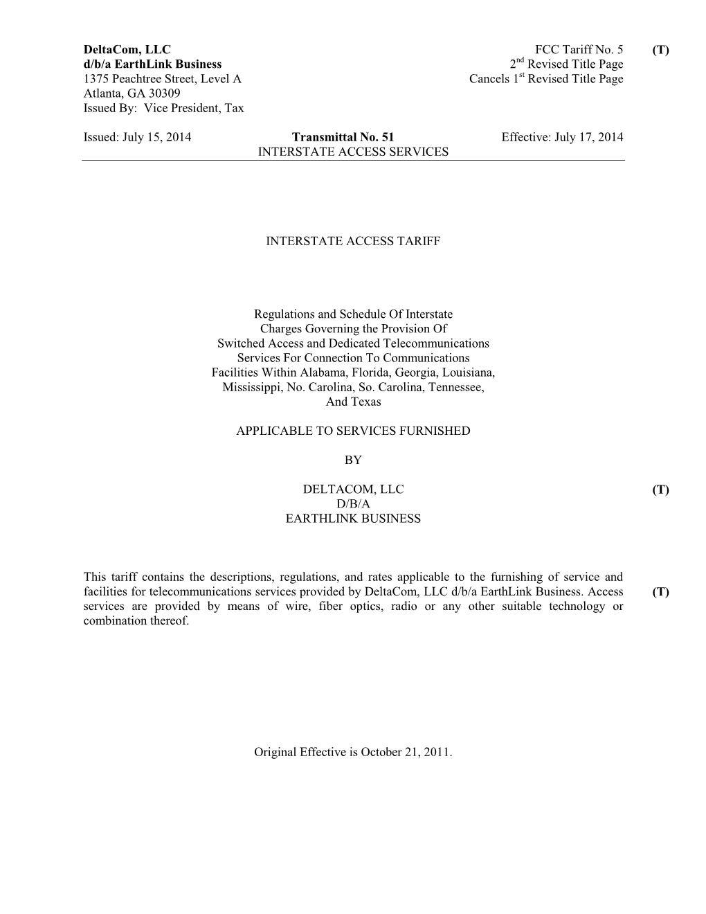 Deltacom, LLC FCC Tariff No. 5 D/B/A Earthlink Business 2Nd Revised