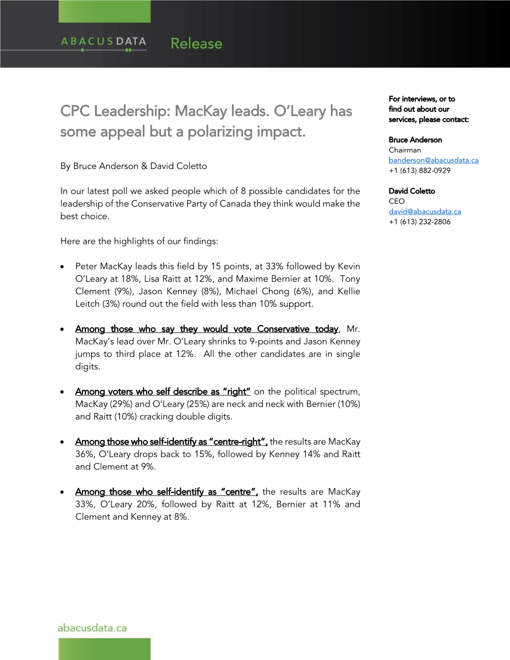 CPC Leadership: Mackay Leads. O'leary Has Some Appeal but A