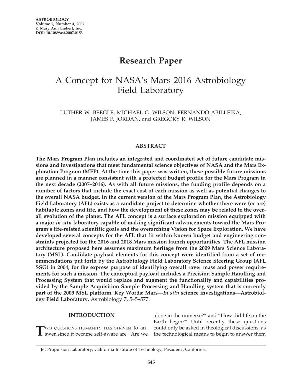 Research Paper a Concept for NASA's Mars 2016 Astrobiology