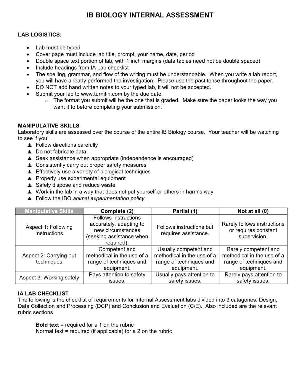 Biology 3 Higher Level Internal Assessment Lab Format