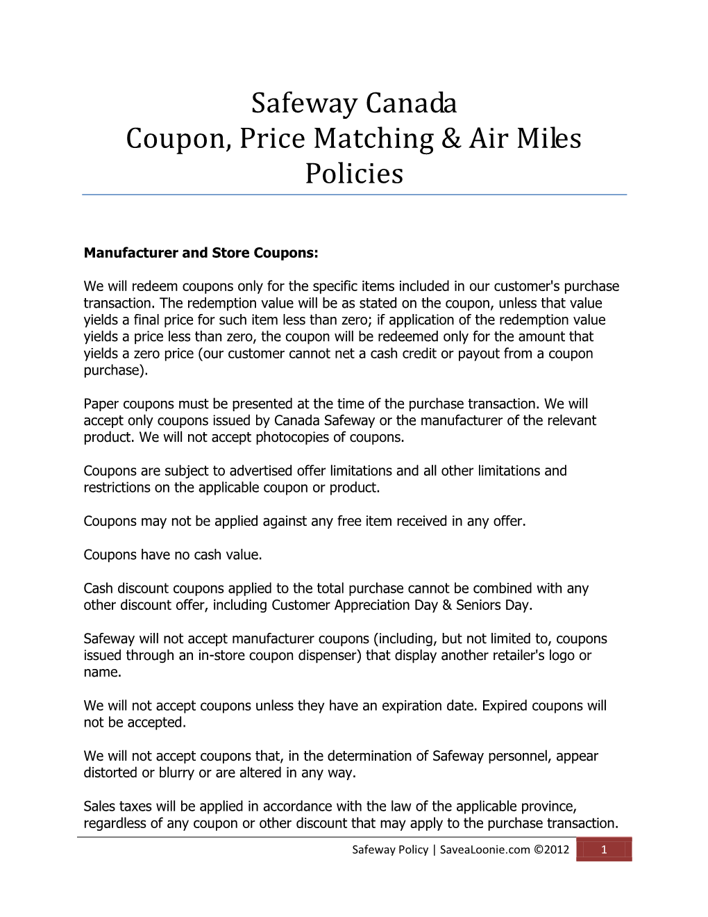 Safeway Canada Coupon, Price Matching & Air Miles Policies