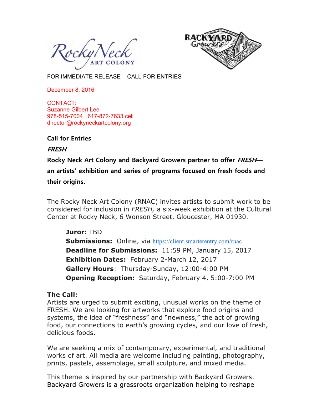 Call for Entries FRESH Rocky Neck Art Colony and Backyard Growers