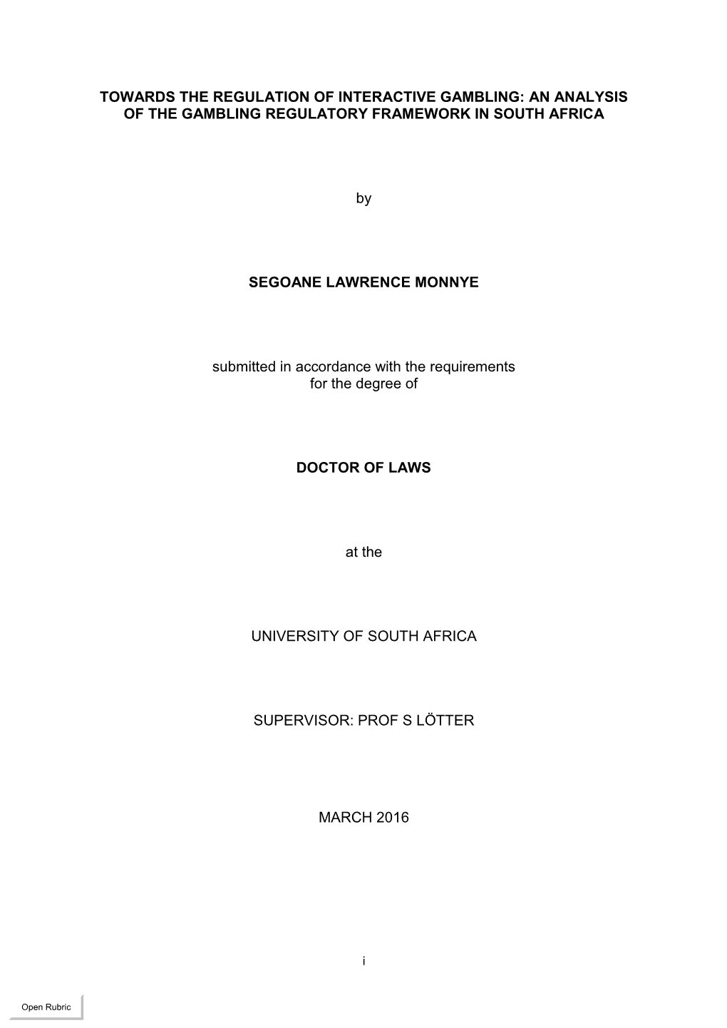 AN ANALYSIS of the GAMBLING REGULATORY FRAMEWORK in SOUTH AFRICA by SEGOANE