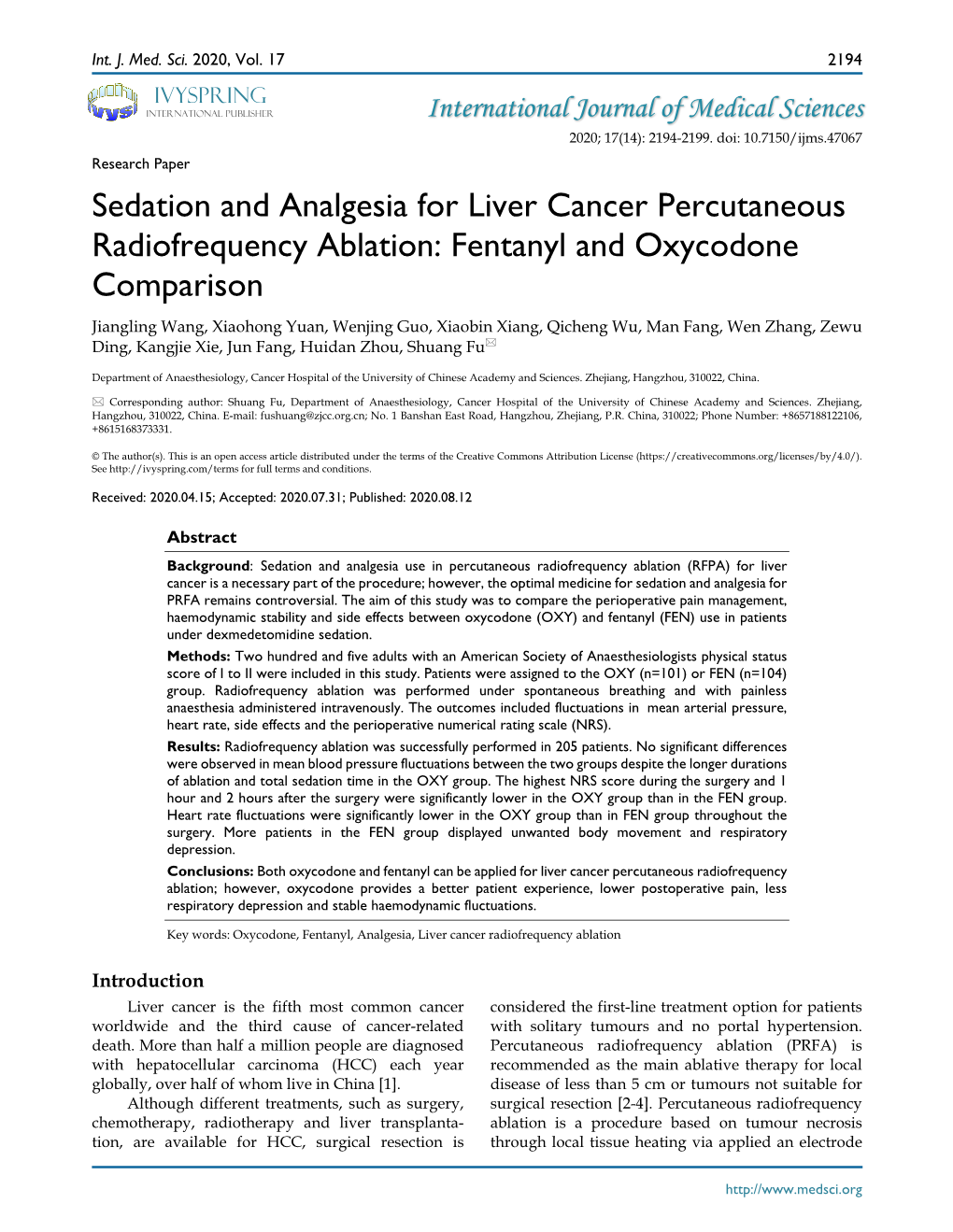 Sedation and Analgesia for Liver Cancer Percutaneous