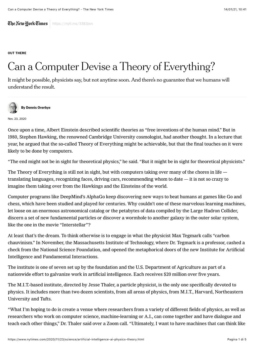 Can a Computer Devise a Theory of Everything? - the New York Times 14/01/21, 10�41