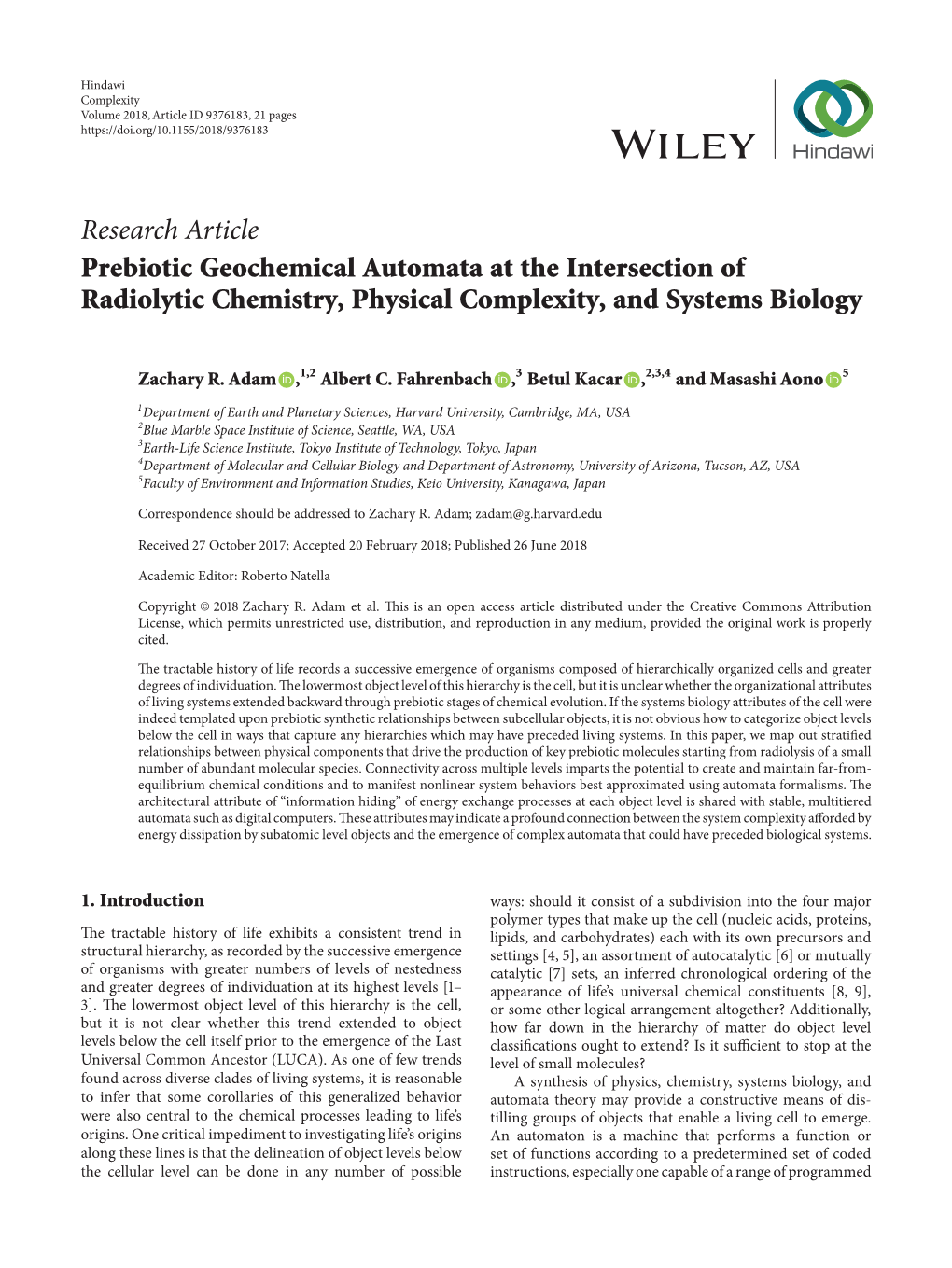 Research Article Prebiotic Geochemical Automata at the Intersection of Radiolytic Chemistry, Physical Complexity, and Systems Biology