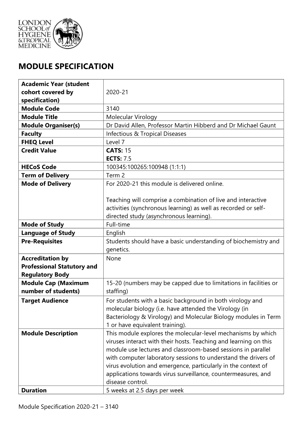 Molecular Virology Module Specification 2020-21