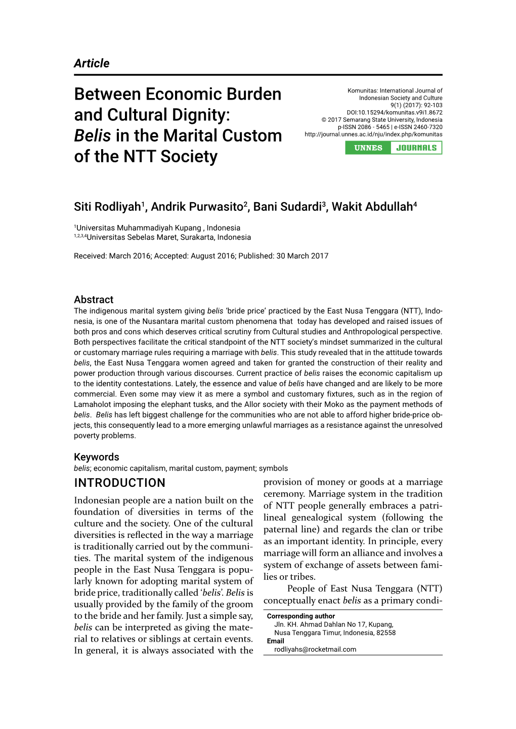 Between Economic Burden and Cultural Dignity: Belis in the Marital Custom of the NTT Society