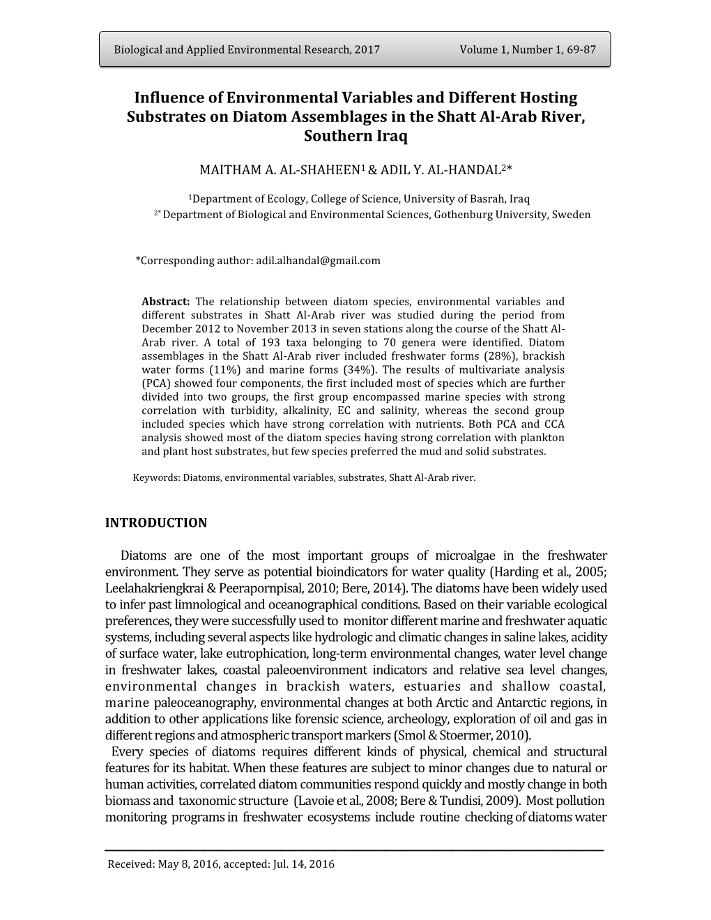 Influence of Environmental Variables and Different Hosting Substrates on Diatom Assemblages in the Shatt Al-Arab River, Southern Iraq