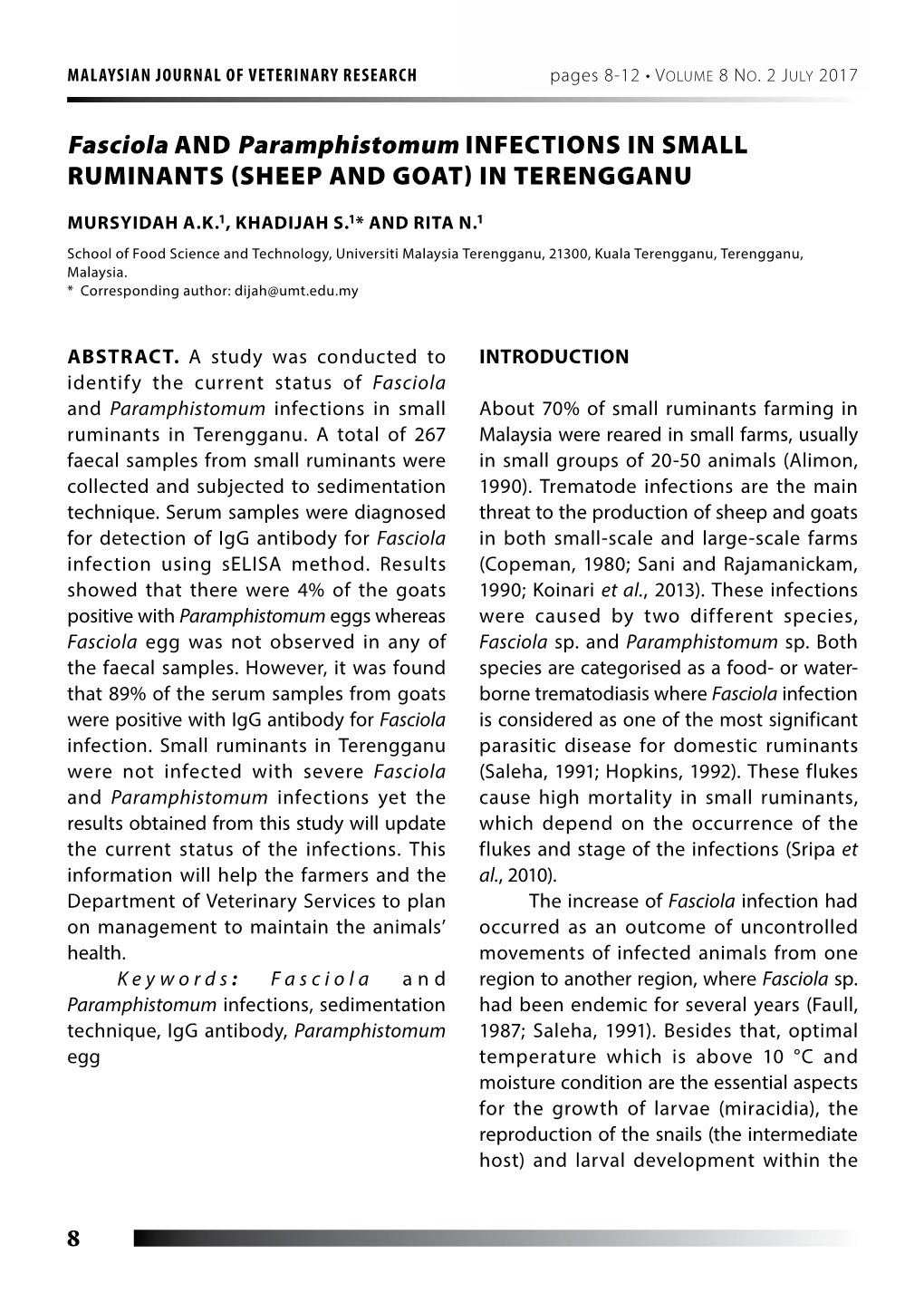 Fasciola and Paramphistomum INFECTIONS in SMALL RUMINANTS (SHEEP and GOAT) in TERENGGANU