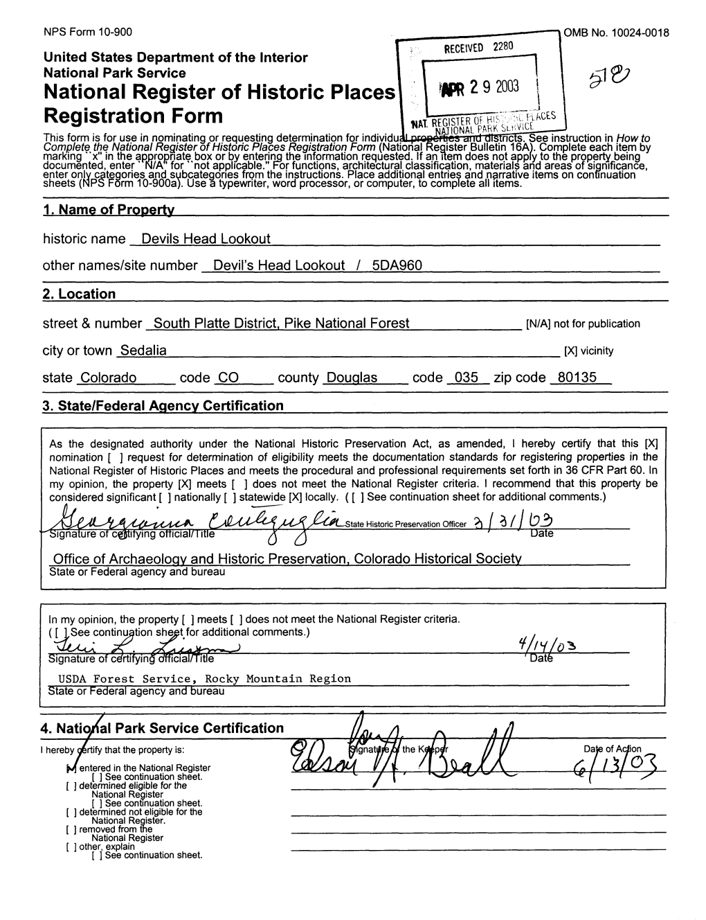 National Register of Historic Places Continuation Sheet Devils Head Lookout Section Number 1___ Page J Douglas County, CO