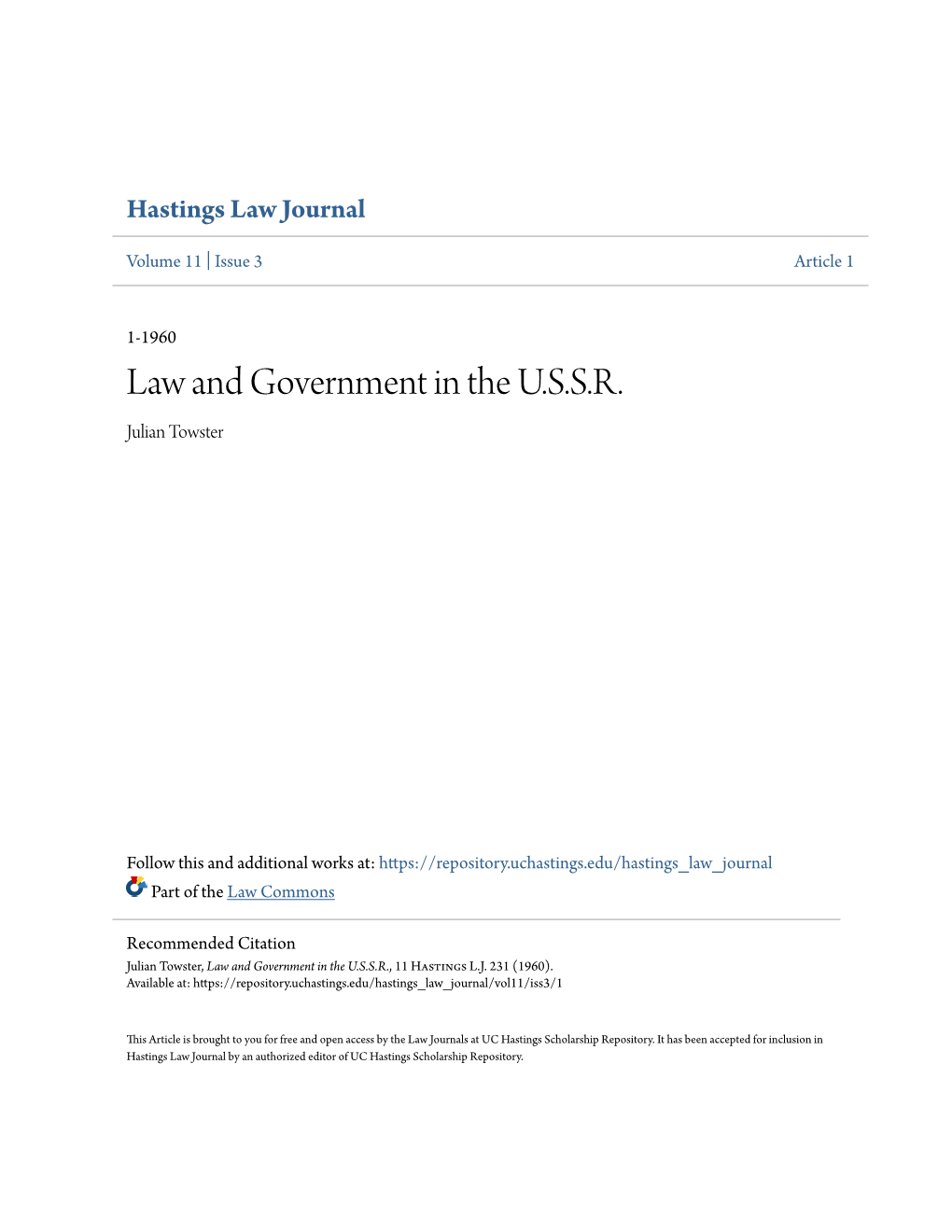 Law and Government in the U.S.S.R. Julian Towster